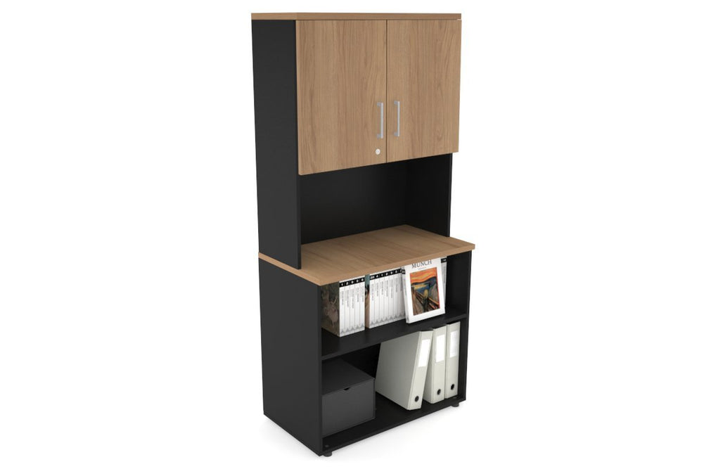 Uniform Small Open Bookcase - Hutch with Doors [800W x 750H x 450D]-Black salvage oak silver handle