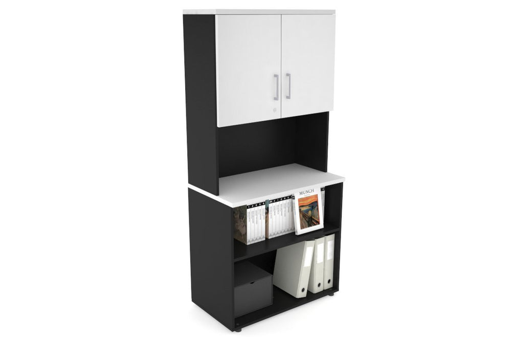 Uniform Small Open Bookcase - Hutch with Doors [800W x 750H x 450D]-Black white silver handle