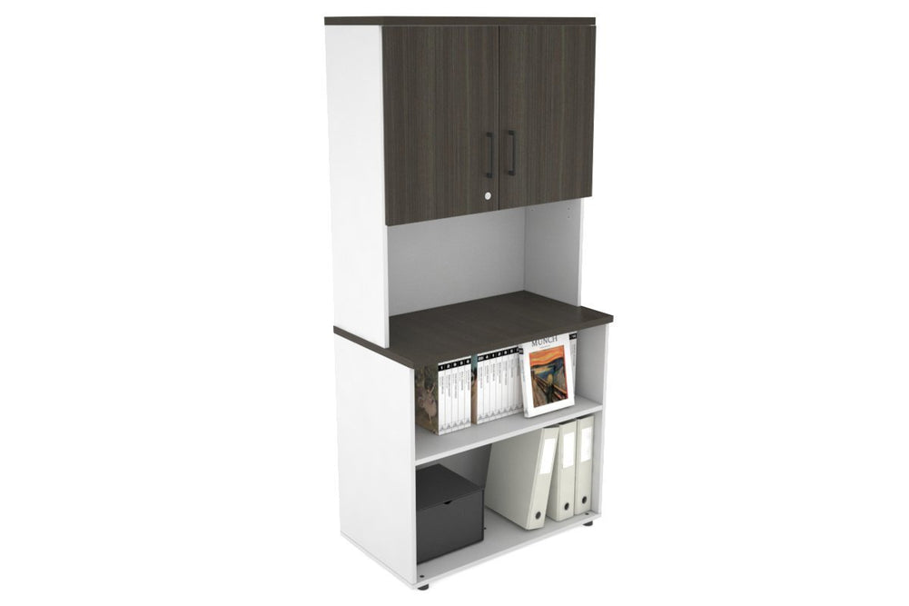 Uniform Small Open Bookcase - Hutch with Doors [800W x 750H x 450D]-White dark oak black handle