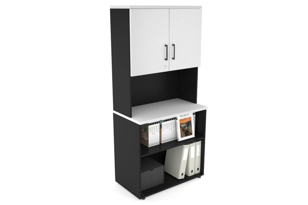 Uniform Small Open Bookcase - Hutch with Doors [800W x 750H x 450D]-Black white black handle