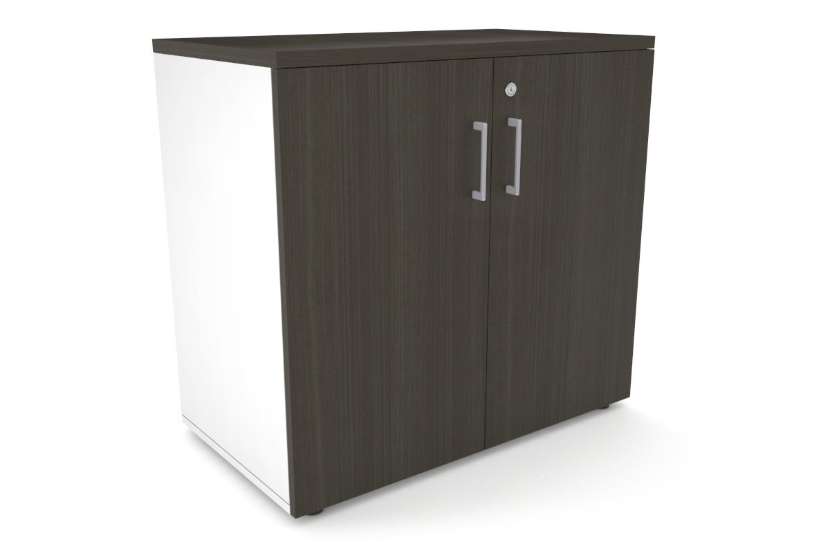 Uniform Small Storage Cupboard [800W x 750H x 450D] Jasonl White dark oak silver handle