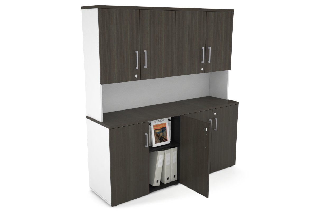 Uniform Small Storage Cupboard - Hutch with Doors [1600W x 750H x 450D] Jasonl White dark oak silver handle