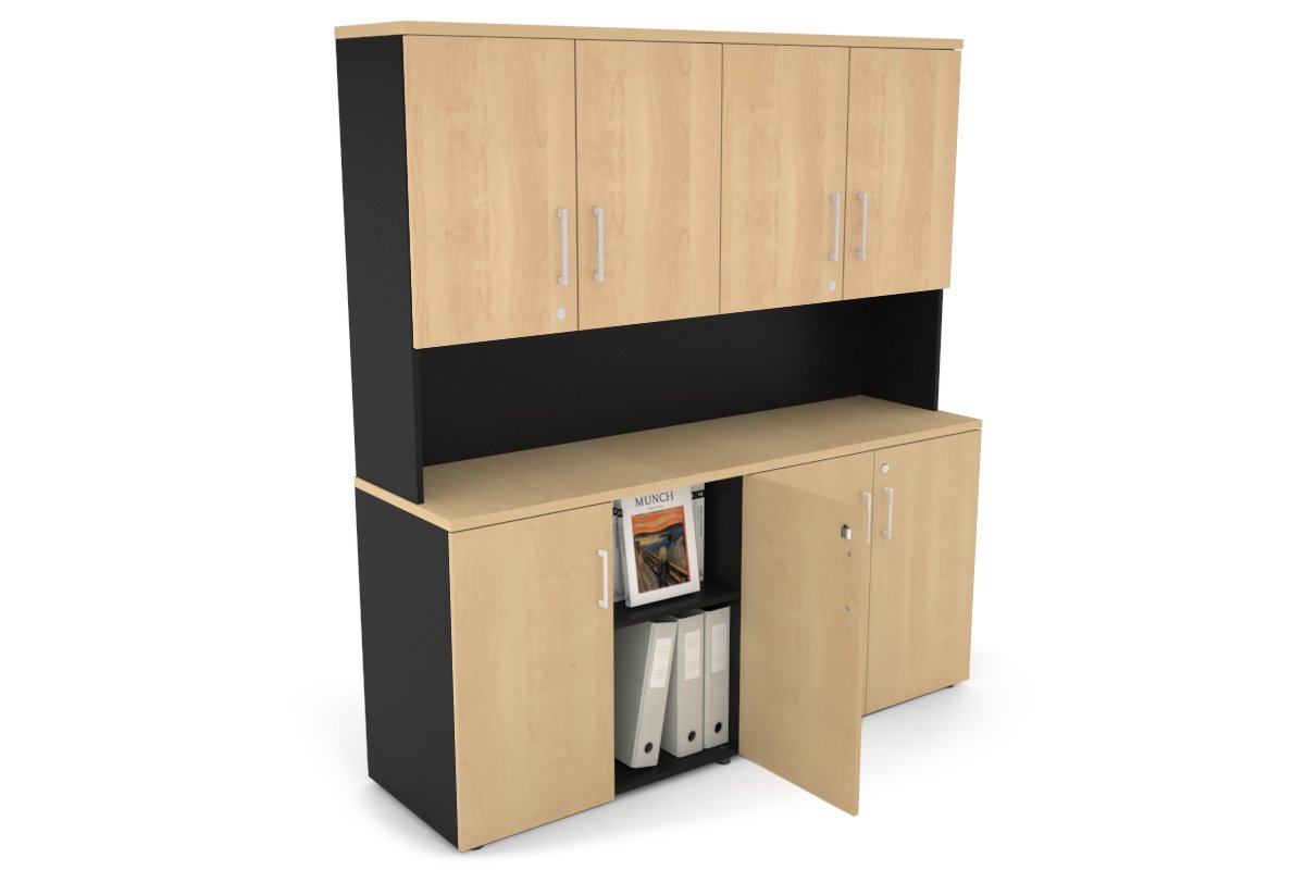 Uniform Small Storage Cupboard - Hutch with Doors [1600W x 750H x 450D] Jasonl Black maple white handle