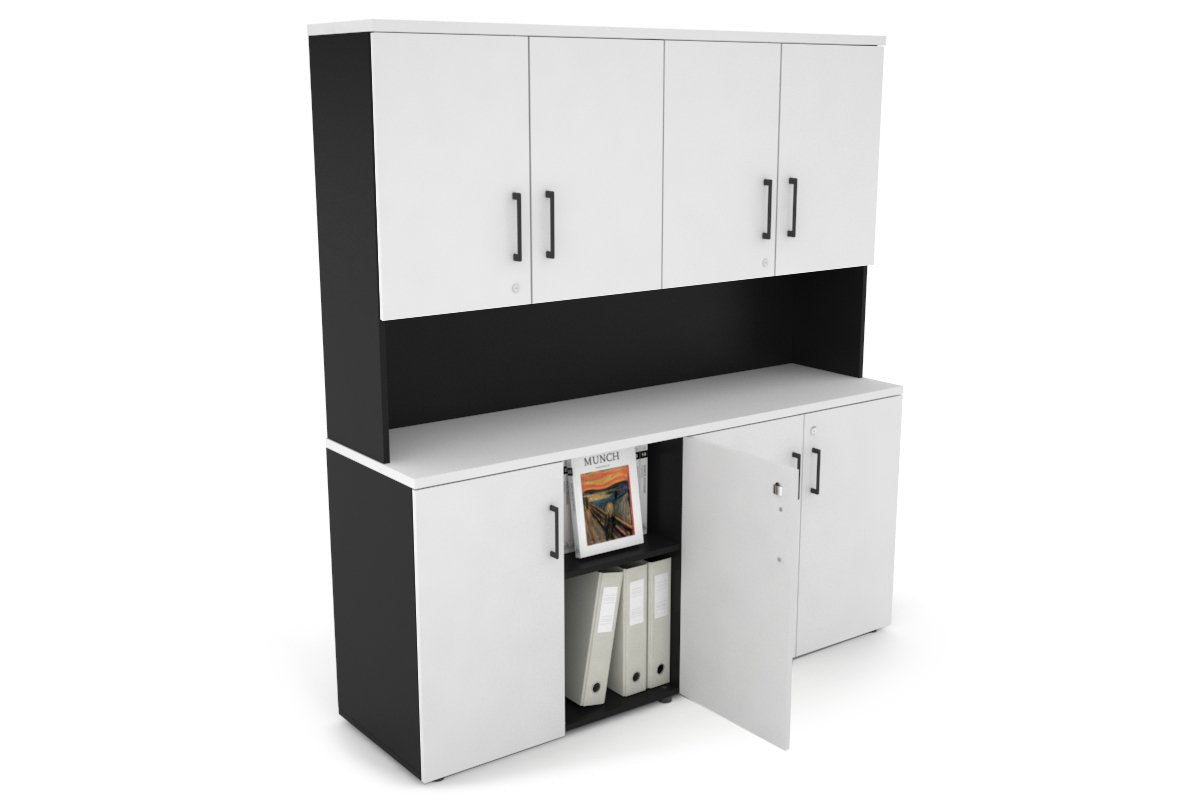 Uniform Small Storage Cupboard - Hutch with Doors [1600W x 750H x 450D]-Black white black handle
