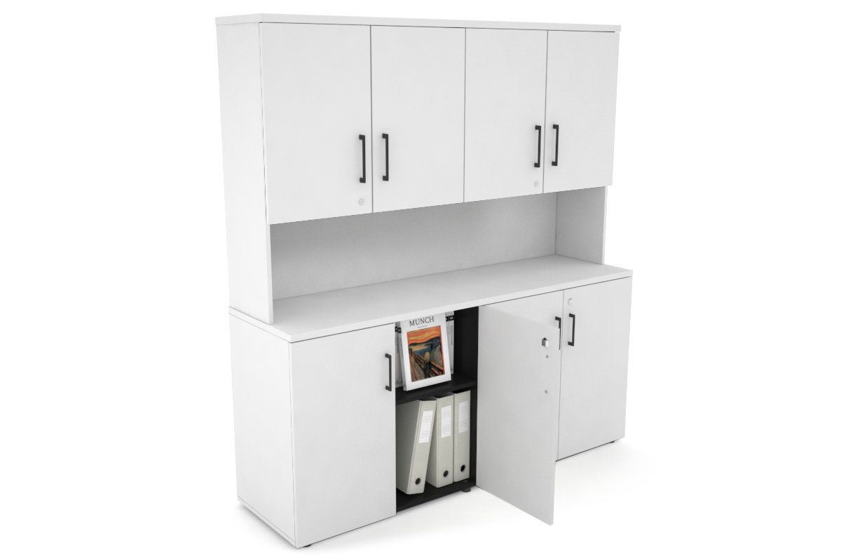 Uniform Small Storage Cupboard - Hutch with Doors [1600W x 750H x 450D] Jasonl White white black handle