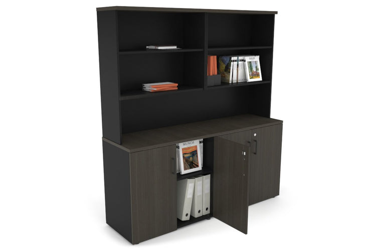 Uniform Small Storage Cupboard with Open Hutch [1600W x 750H x 450D] Jasonl Black dark oak black handle