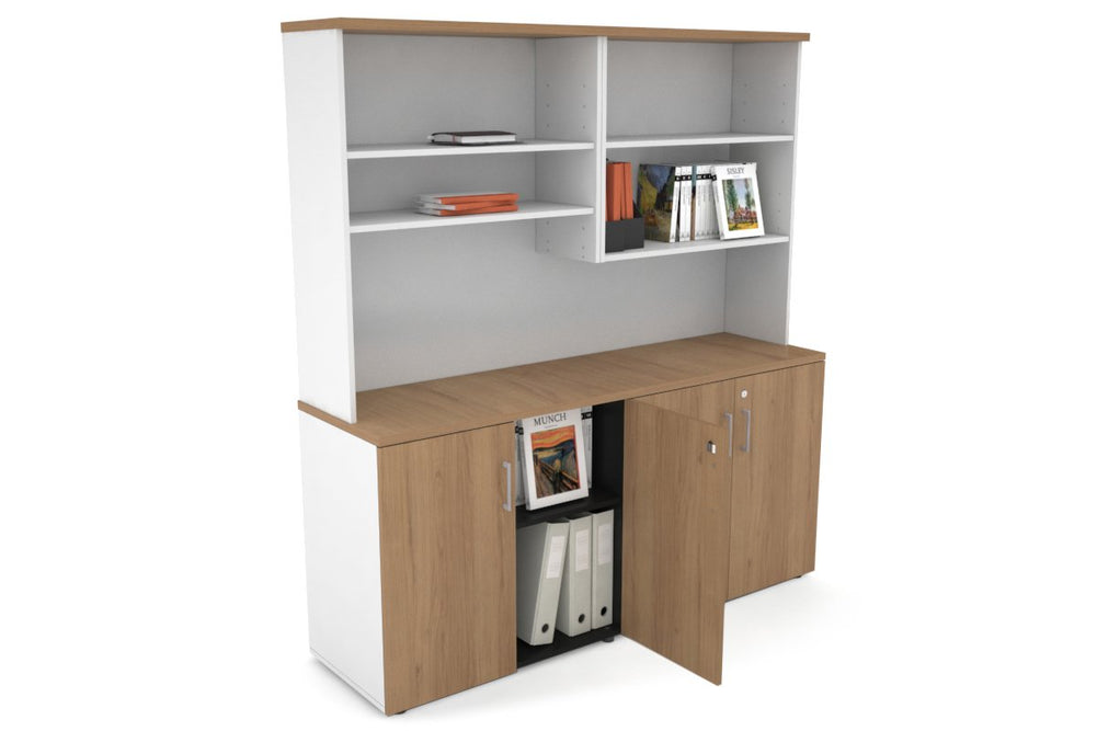 Uniform Small Storage Cupboard with Open Hutch [1600W x 750H x 450D]-Black dark oak black handle
