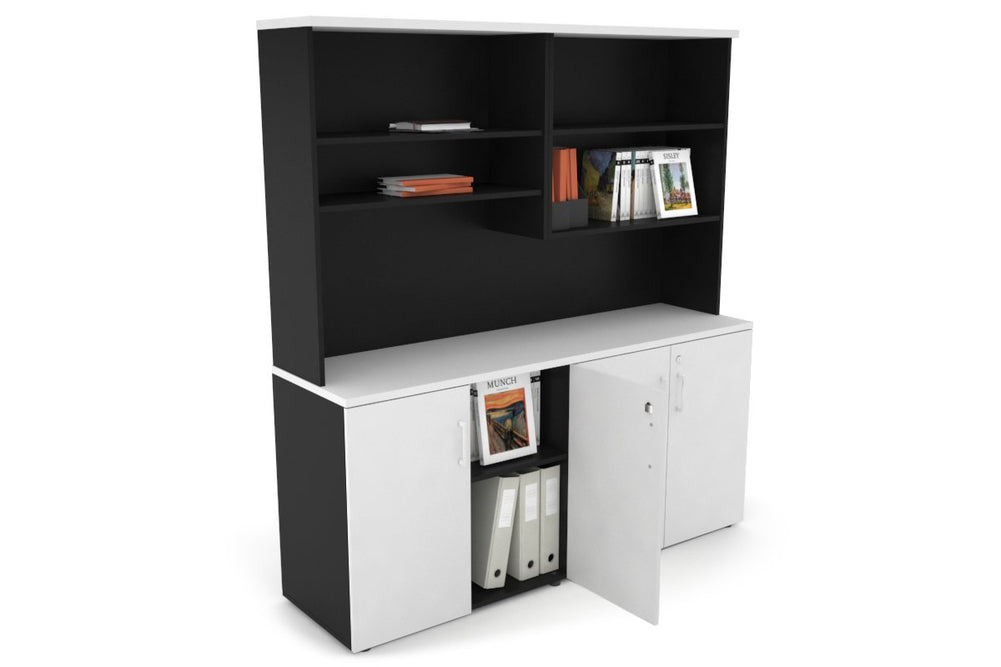 Uniform Small Storage Cupboard with Open Hutch [1600W x 750H x 450D]-Black dark oak black handle