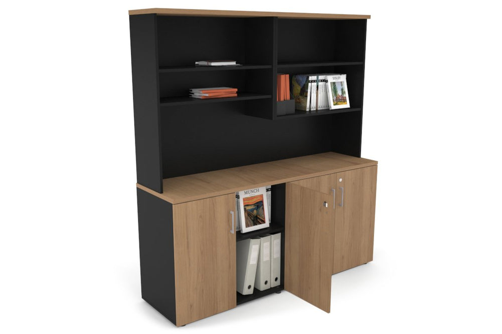 Uniform Small Storage Cupboard with Open Hutch [1600W x 750H x 450D]-Black dark oak black handle