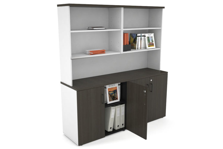 Uniform Small Storage Cupboard with Open Hutch [1600W x 750H x 450D] Jasonl White dark oak black handle