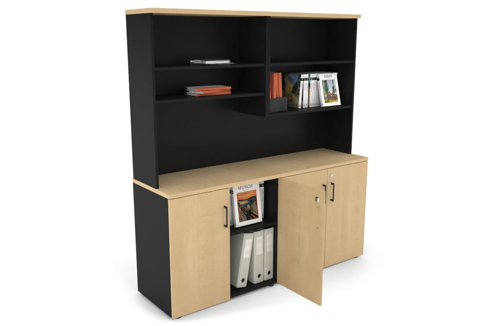 Uniform Small Storage Cupboard with Open Hutch [1600W x 750H x 450D]-Black dark oak black handle