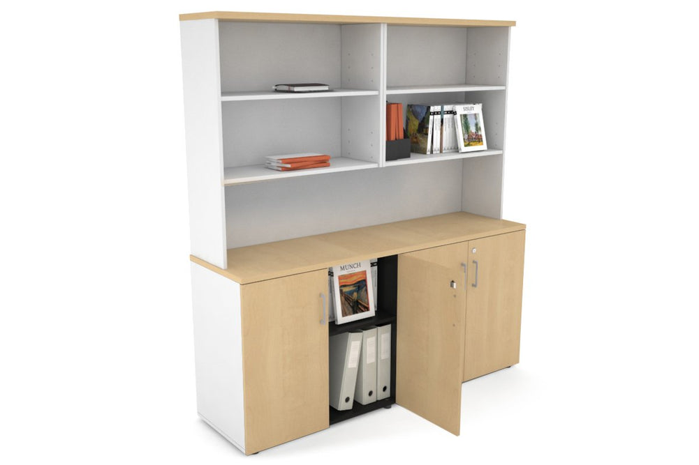 Uniform Small Storage Cupboard with Open Hutch [1600W x 750H x 450D]-White maple silver handle