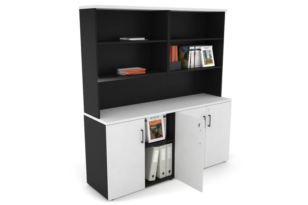 Uniform Small Storage Cupboard with Open Hutch [1600W x 750H x 450D]-Black white black handle