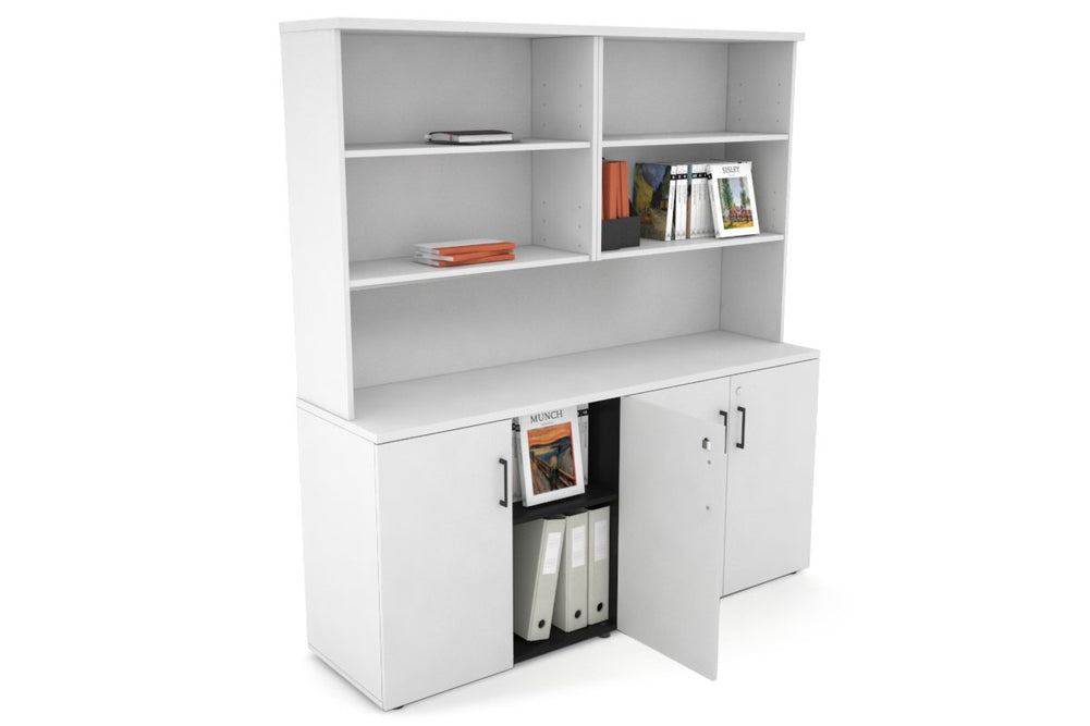 Uniform Small Storage Cupboard with Open Hutch [1600W x 750H x 450D]-White white black handle