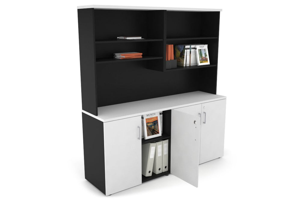 Uniform Small Storage Cupboard with Open Hutch [1600W x 750H x 450D]-Black dark oak black handle