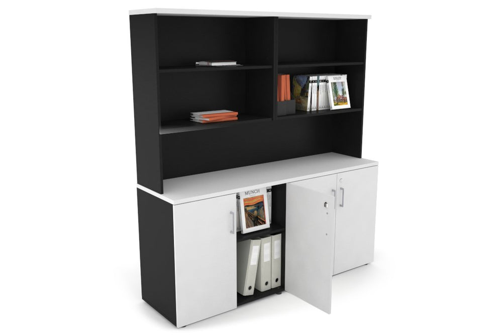 Uniform Small Storage Cupboard with Open Hutch [1600W x 750H x 450D]-Black white silver handle
