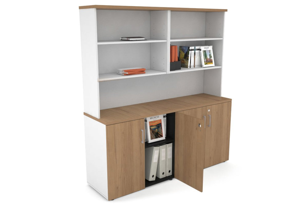 Uniform Small Storage Cupboard with Open Hutch [1600W x 750H x 450D]-White salvage oak silver handle