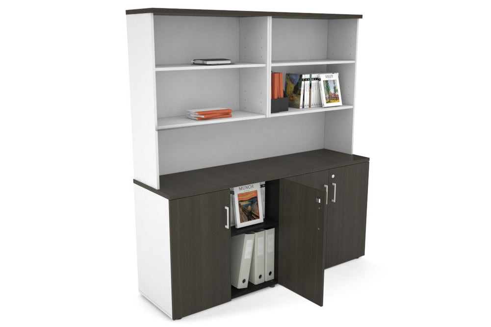 Uniform Small Storage Cupboard with Open Hutch [1600W x 750H x 450D]-White dark oak white handle