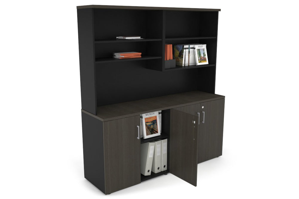 Uniform Small Storage Cupboard with Open Hutch [1600W x 750H x 450D]-Black dark oak black handle