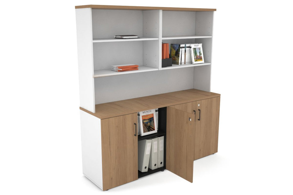 Uniform Small Storage Cupboard with Open Hutch [1600W x 750H x 450D]-White salvage oak black handle