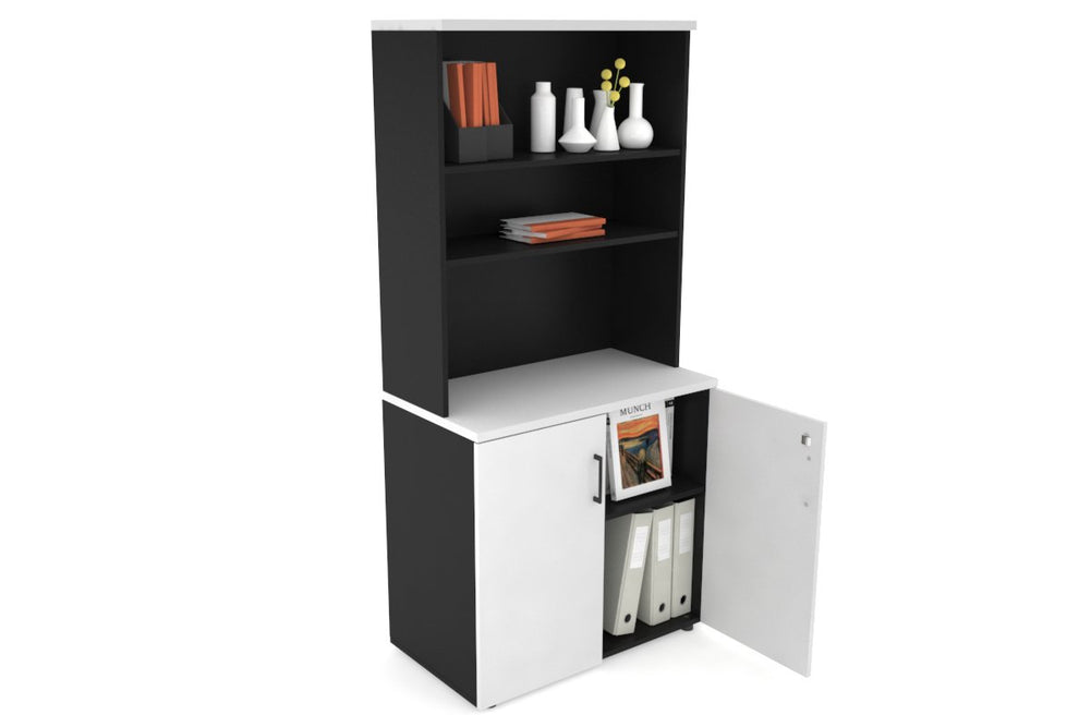 Uniform Small Storage Cupboard with Open Hutch [800W x 750H x 450D]-Black white black handle