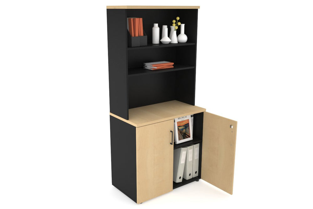 Uniform Small Storage Cupboard with Open Hutch [800W x 750H x 450D]-Black maple black handle