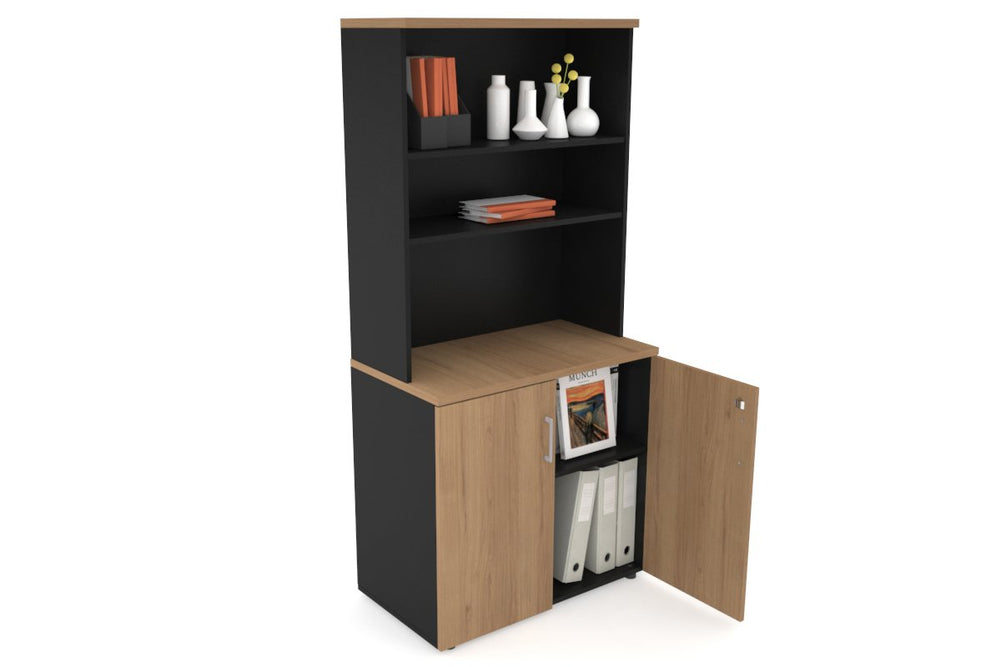 Uniform Small Storage Cupboard with Open Hutch [800W x 750H x 450D]-Black salvage oak silver handle