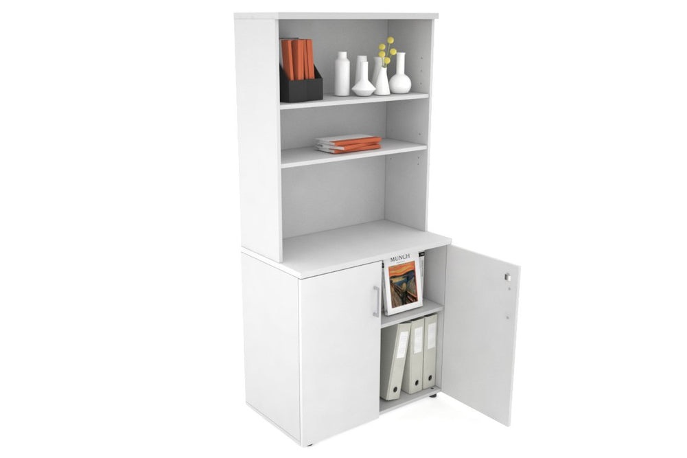 Uniform Small Storage Cupboard with Open Hutch [800W x 750H x 450D]-White white silver handle