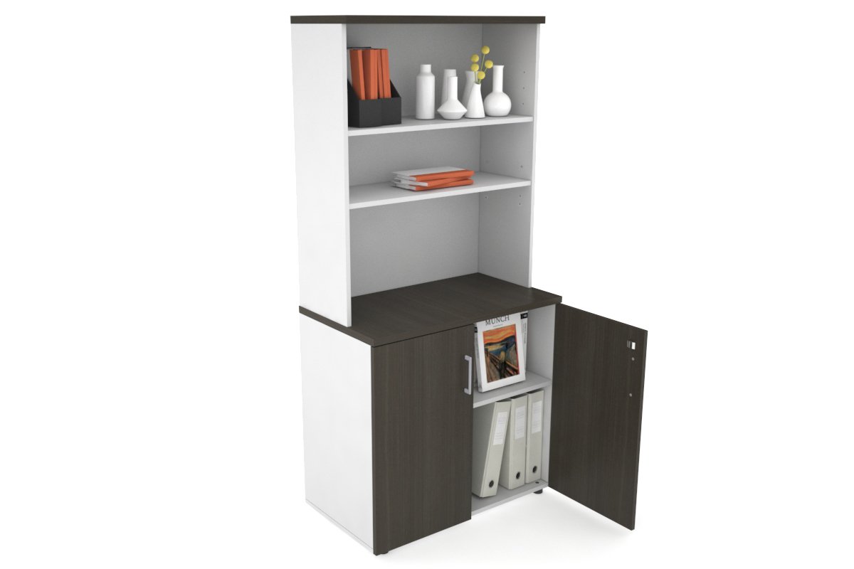 Uniform Small Storage Cupboard with Open Hutch [800W x 750H x 450D] Jasonl White dark oak silver handle