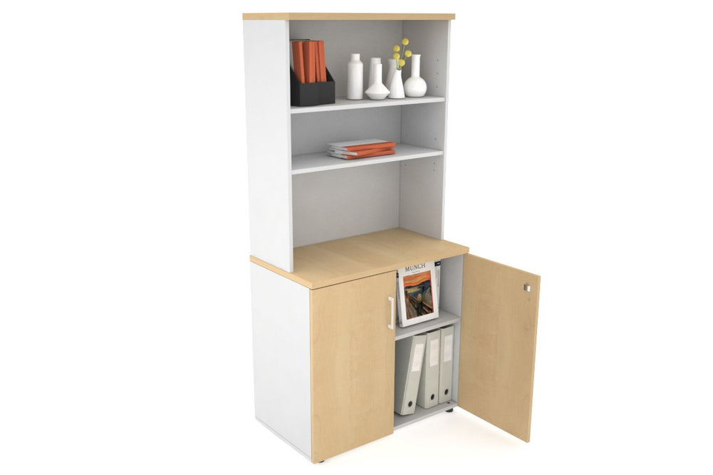 Uniform Small Storage Cupboard with Open Hutch [800W x 750H x 450D]-White maple white handle