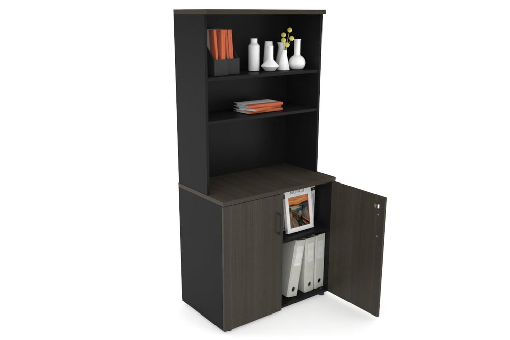 Uniform Small Storage Cupboard with Open Hutch [800W x 750H x 450D]-Black dark oak black handle