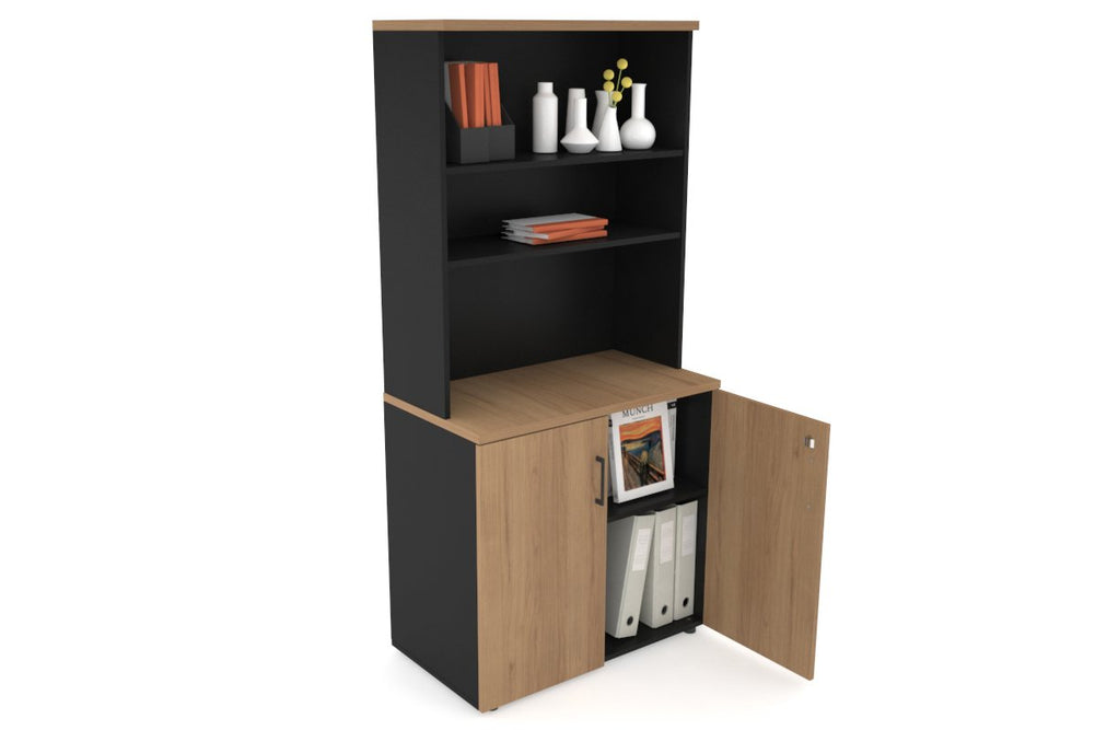 Uniform Small Storage Cupboard with Open Hutch [800W x 750H x 450D]-Black salvage oak black handle