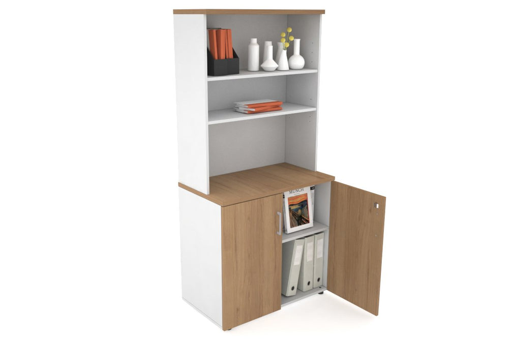 Uniform Small Storage Cupboard with Open Hutch [800W x 750H x 450D]-White salvage oak silver handle