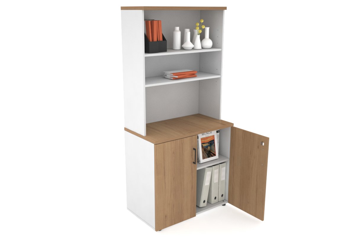 Uniform Small Storage Cupboard with Open Hutch [800W x 750H x 450D] Jasonl White salvage oak black handle