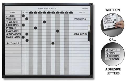 Vision Staff In Out Status Board + Magnetic Whiteboard Vision 20 names 