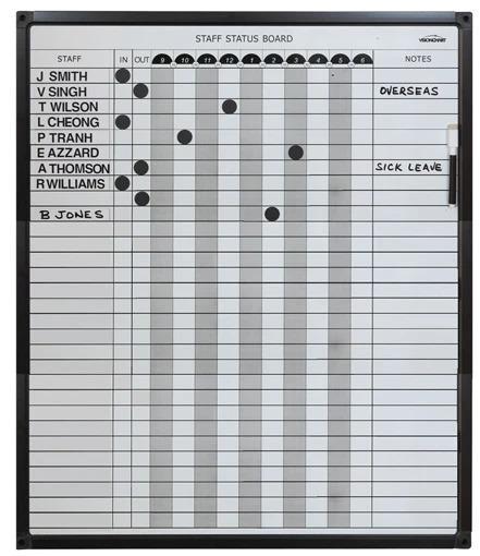 Vision Staff In Out Status Board + Magnetic Whiteboard Vision 30 names 
