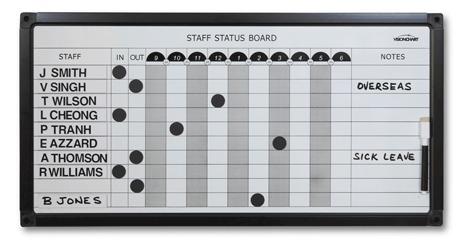 Vision Staff In Out Status Board + Magnetic Whiteboard Vision 10 names 